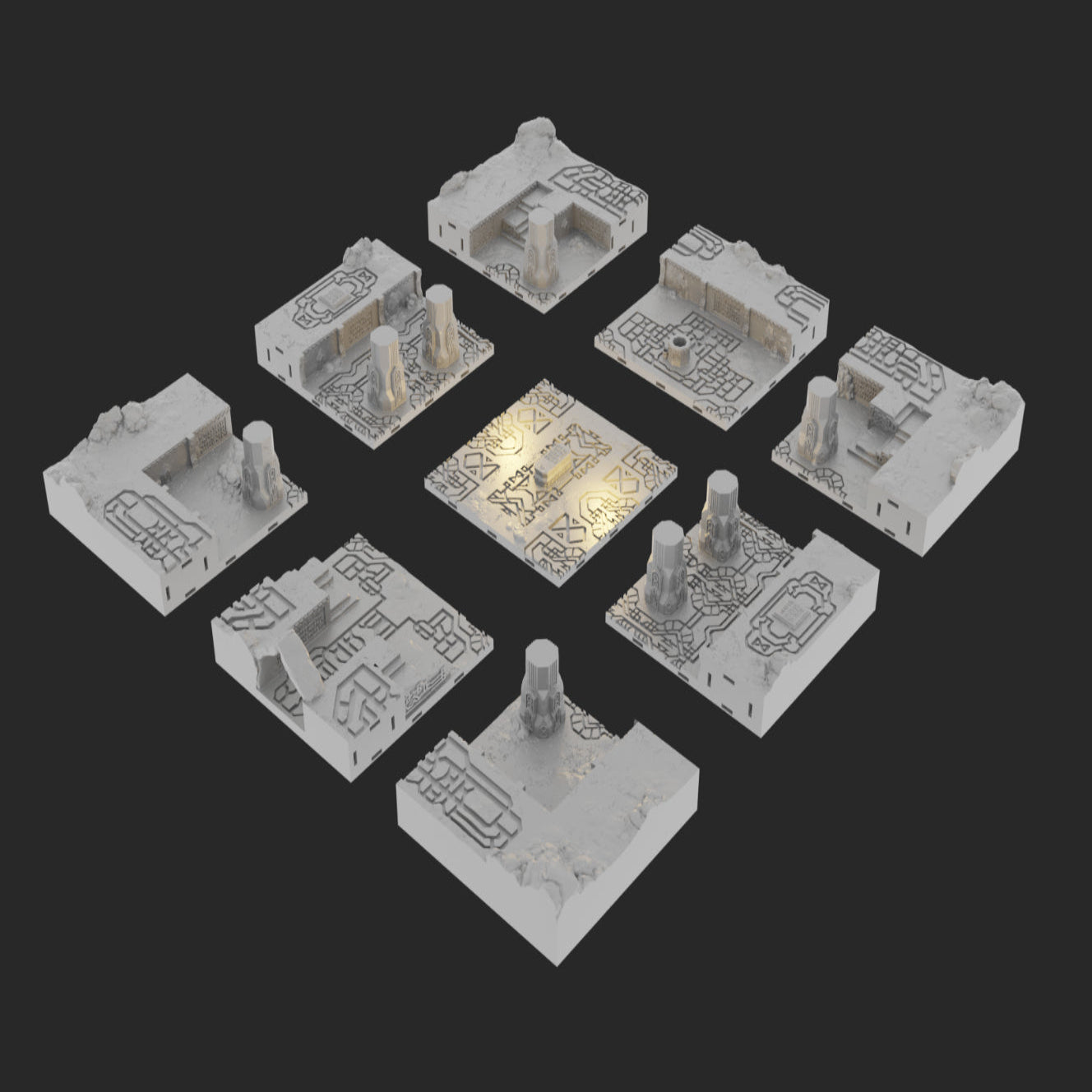 Set of miniature game terrain pieces on a black background